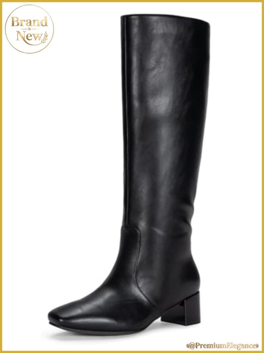 Faux Leather Knee High Boots Square Toe Low Block Heel Side Zip